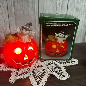Vintage Halloween Porcelain Pumpkin & Little Spirit with Twinkling Color Bulbs